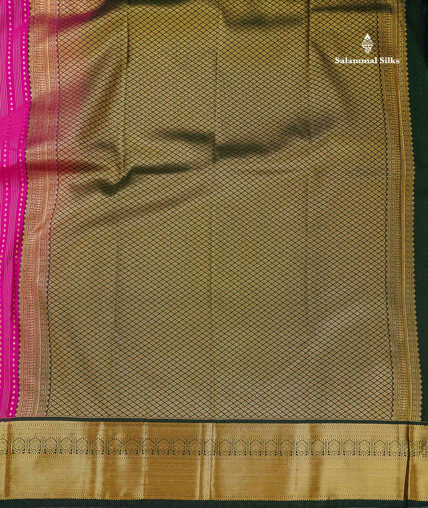 Semi Silk Saree -  Rani Pink Mango Butta With Lines Along With Contrast Bottle Green Border