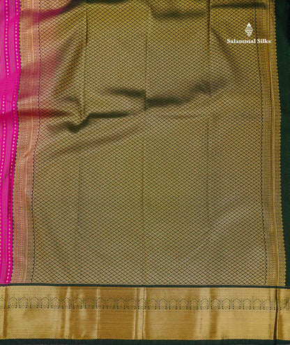 Semi Silk Saree -  Rani Pink Mango Butta With Lines Along With Contrast Bottle Green Border