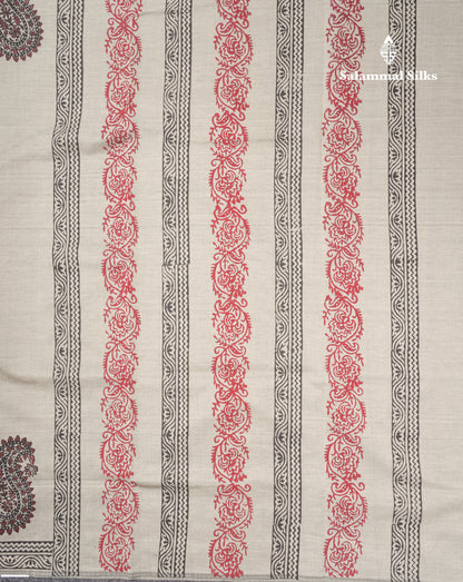 Grey White South Cotton Printed Saree With Contrast Sandal Blouse