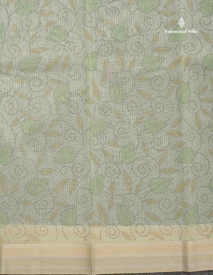 Kota Cotton Fancy Saree - Pista Green Colour Body Floral Design With Fancy Border