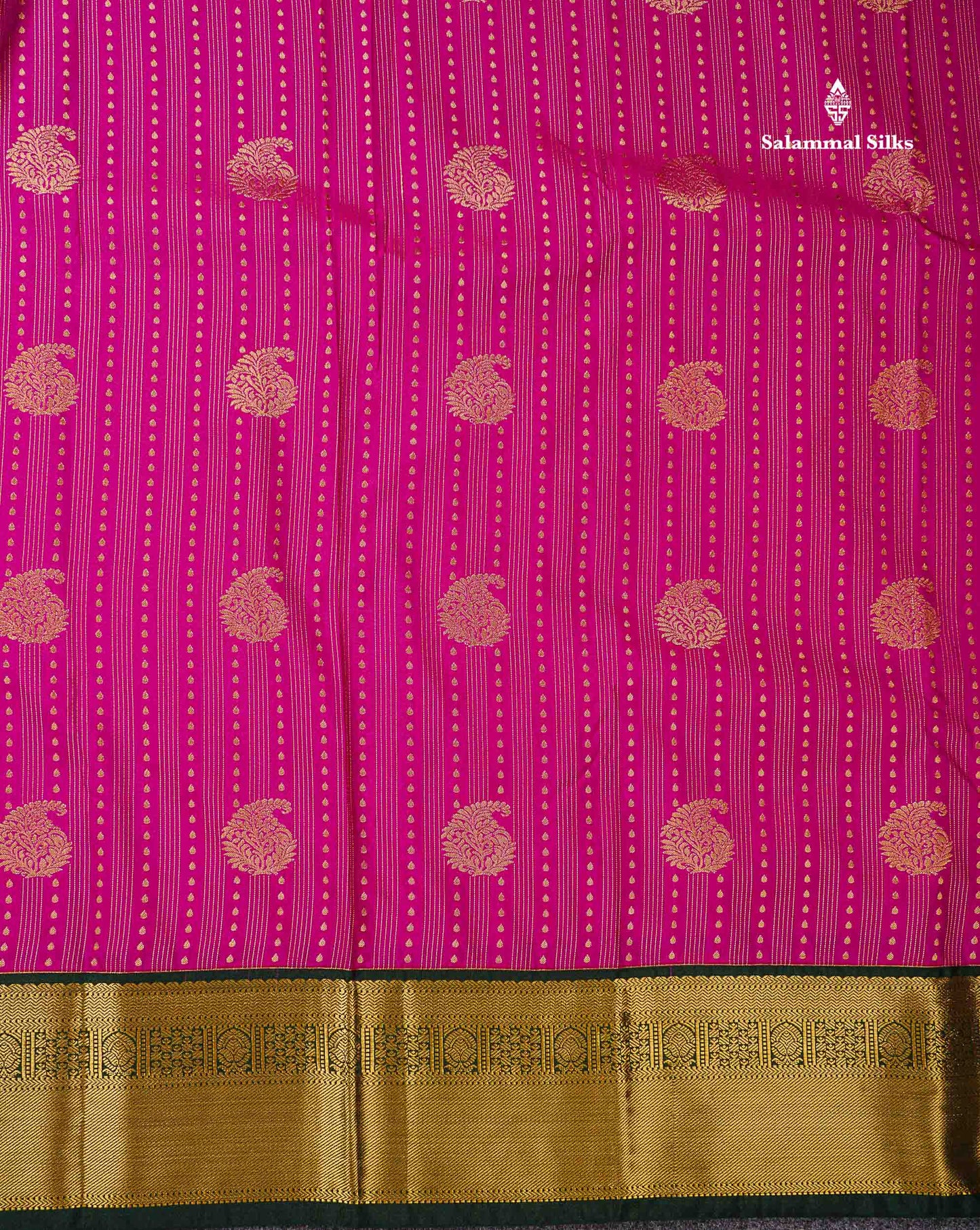 Semi Silk Saree -  Rani Pink Mango Butta With Lines Along With Contrast Bottle Green Border