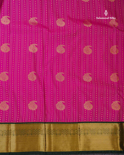 Semi Silk Saree -  Rani Pink Mango Butta With Lines Along With Contrast Bottle Green Border