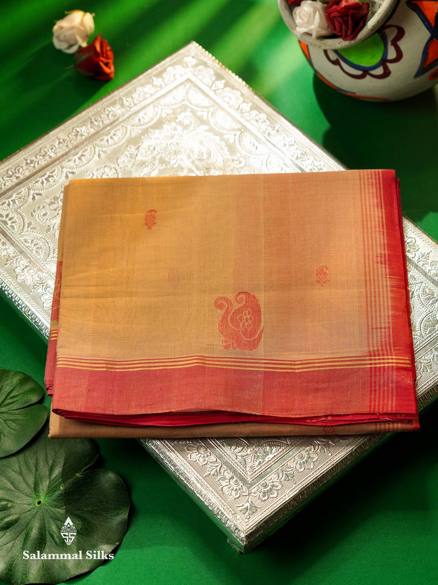Beautiful Dual Tone Peach Thread Buttas Handloom Pure Cotton Saree With Pink Border