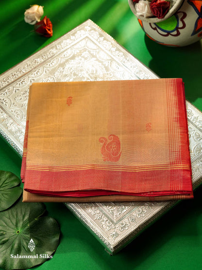 Beautiful Dual Tone Peach Thread Buttas Handloom Pure Cotton Saree With Pink Border