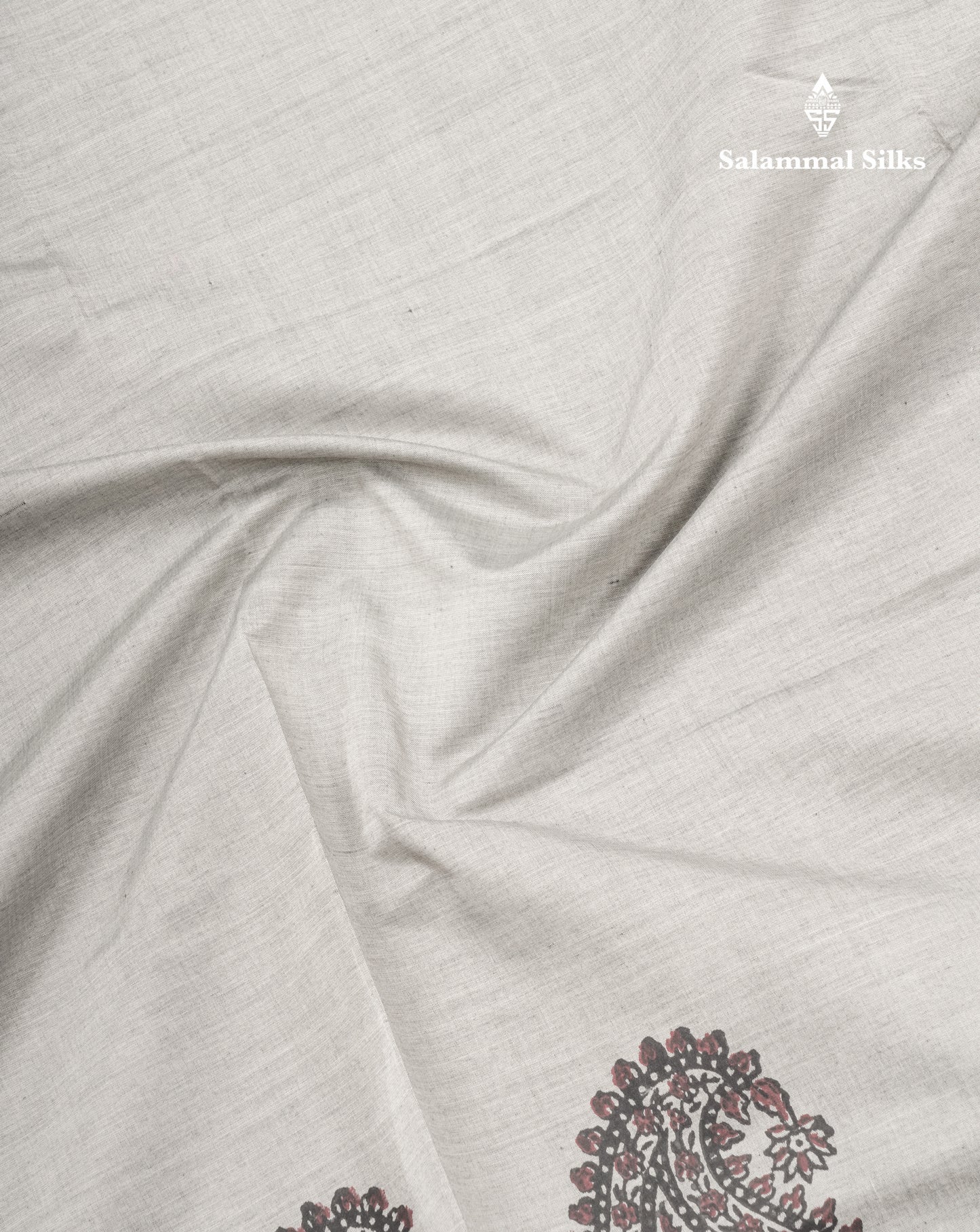 Grey White South Cotton Printed Saree With Contrast Sandal Blouse
