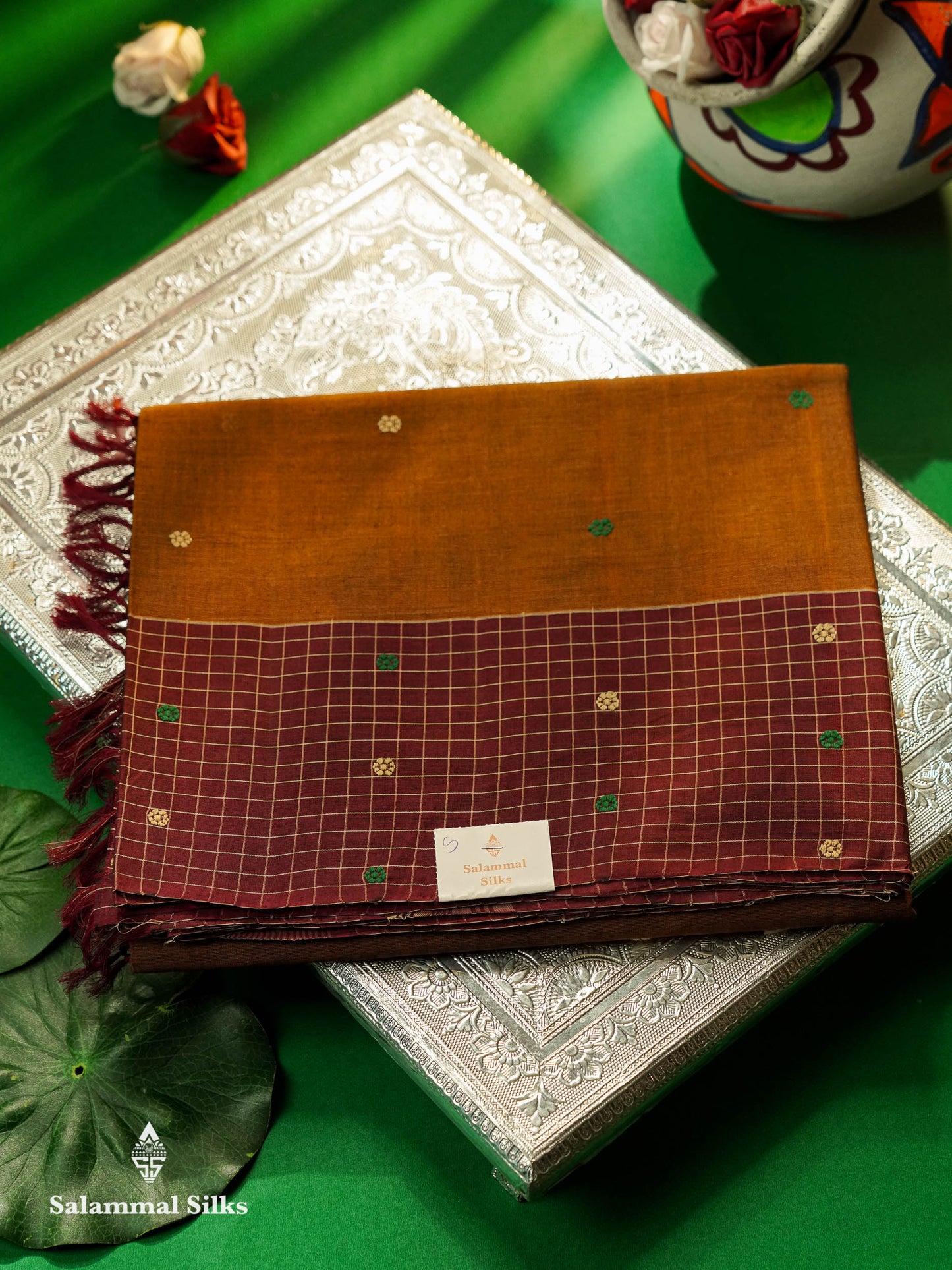 Beautiful Olive Mustard Yellow Thread Work Butta Handloom Pure Cotton Saree With Contrast Maroon Checks Border