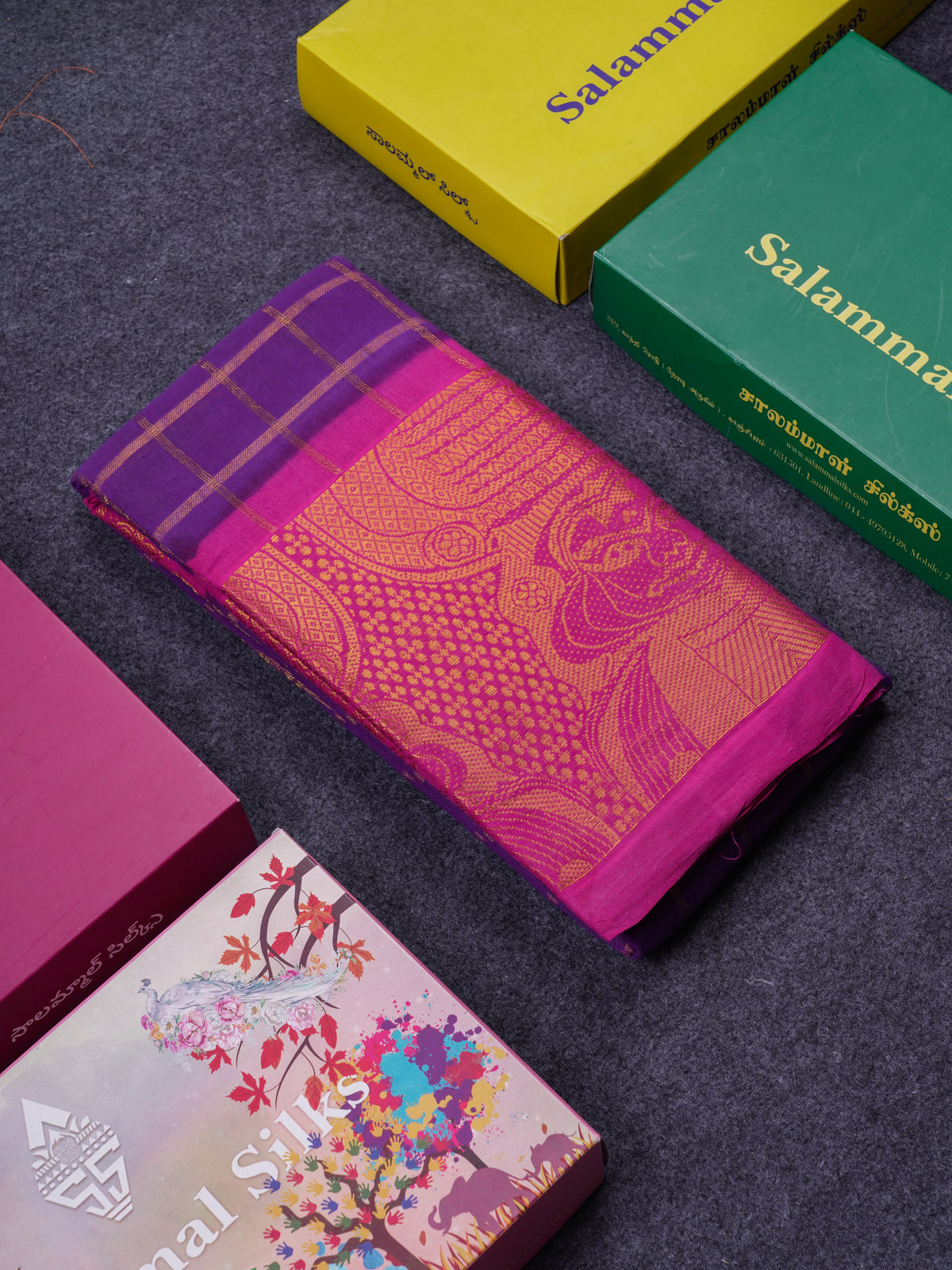 Beautiful Purple Pure Cotton Saree With Contrast Magenta Pink Traditional Kathakali Design Border