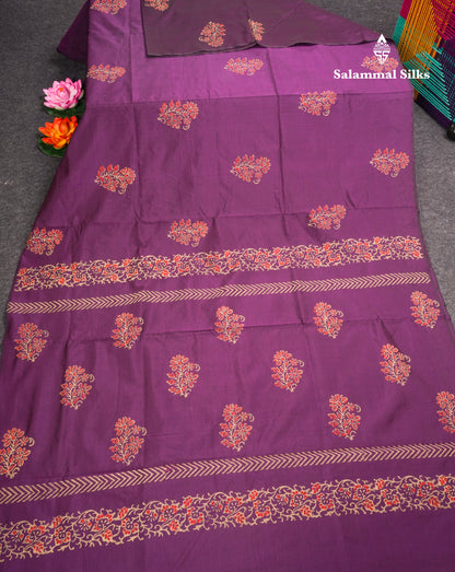 Magenta South Cotton Printed Saree With Contrast Cream Sandal Blouse