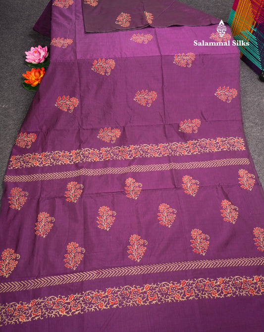 Magenta South Cotton Printed Saree With Contrast Cream Sandal Blouse