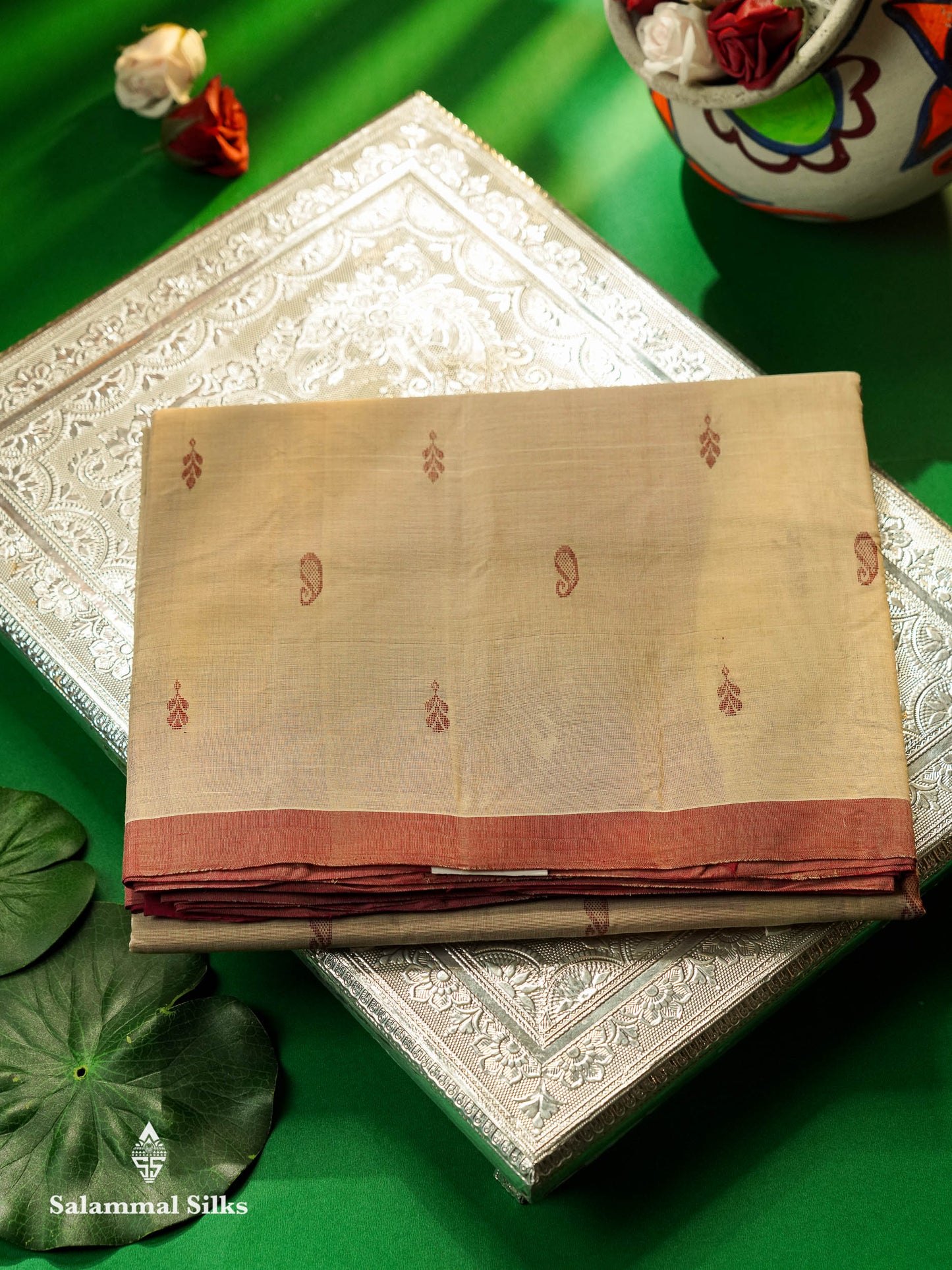 Beautiful Sandal Thread Buttas Handloom Pure Cotton Saree With Maroon Small Border