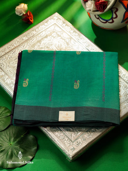 Beautiful Sapphire Blue Thread Work Butta Handloom Pure Cotton Saree With Contrast Navy Blue Blouse