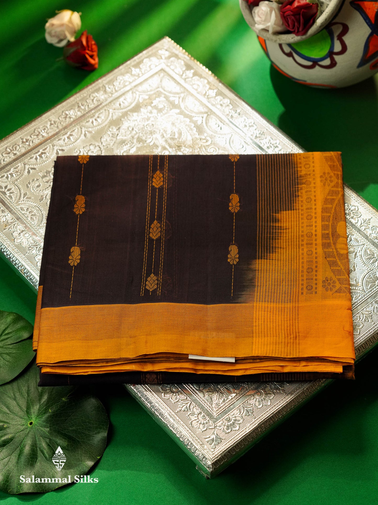 Beautiful Dark Brown Thread Buttas Handloom Pure Cotton Saree With Yellow Border
