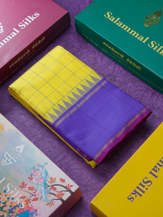 Lemon Yellow Kanjivaram Pure Silk Saree Ink Blue Temple Border with Blouse