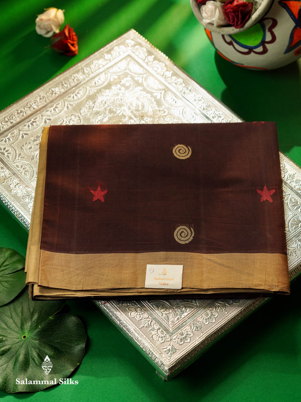 Beautiful Dark Brown Thread Work Butta Handloom Pure Cotton Saree With Contrast Sandal Border
