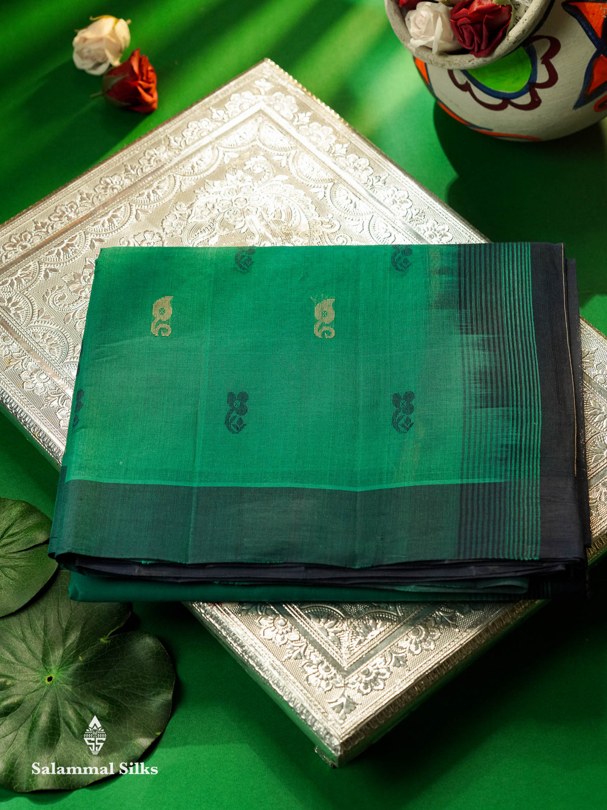 Beautiful Sapphire Green Thread Buttas Handloom Pure Cotton Saree With Navy Blue Border