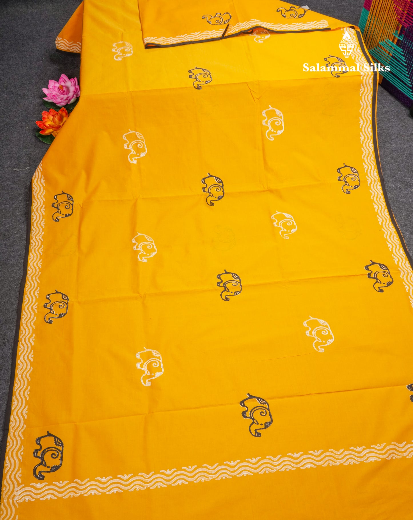 Yellow South Cotton Printed Saree With Contrast Black Blouse