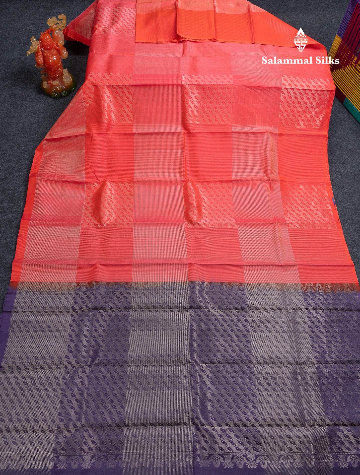 Beautiful Dual Tone Pinkish Peach Fancy Pure Kanjivaram Silk Saree With Contrast Violet Blouse