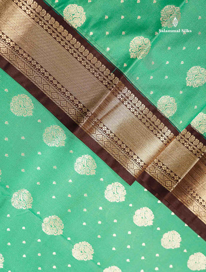 Semi Silk Saree - Peach Zari Butta Along With Contrast Dark Brown Traditional Evening Morning Border