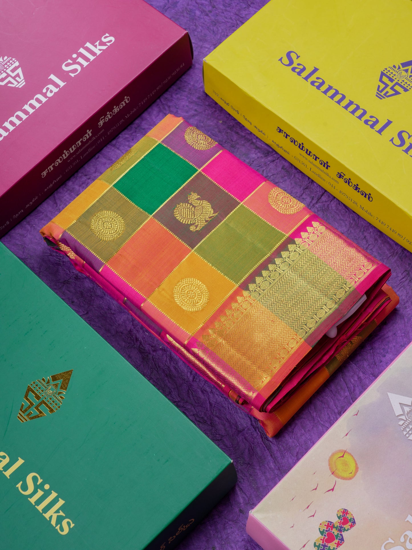 Beautiful Paalum Pazham Checks Pure Kanjivaram Silk Saree With Traditional Border