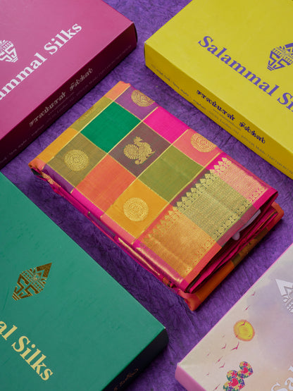 Beautiful Paalum Pazham Checks Pure Kanjivaram Silk Saree With Traditional Border