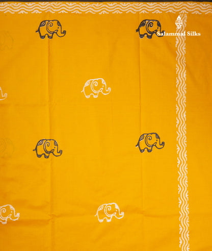 Yellow South Cotton Printed Saree With Contrast Black Blouse