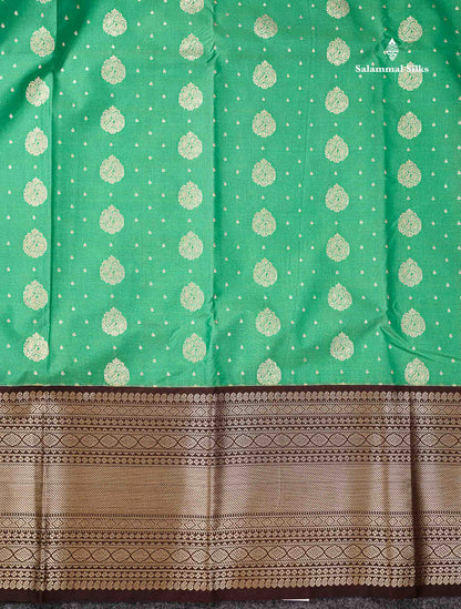 Semi Silk Saree - Peach Zari Butta Along With Contrast Dark Brown Traditional Evening Morning Border