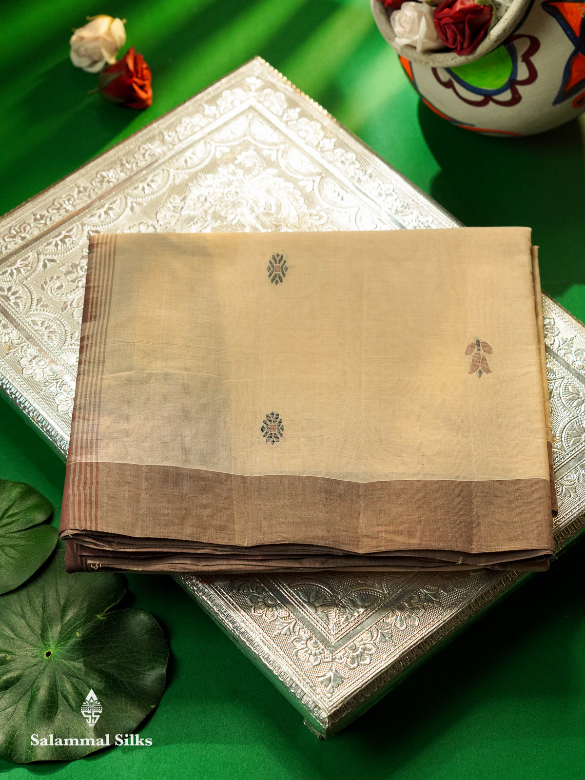 Beautiful Cream Thread Buttas Handloom Pure Cotton Saree With Chocolet Border