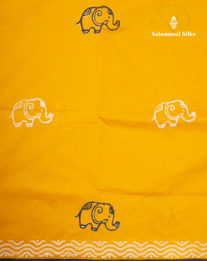Yellow South Cotton Printed Saree With Contrast Black Blouse