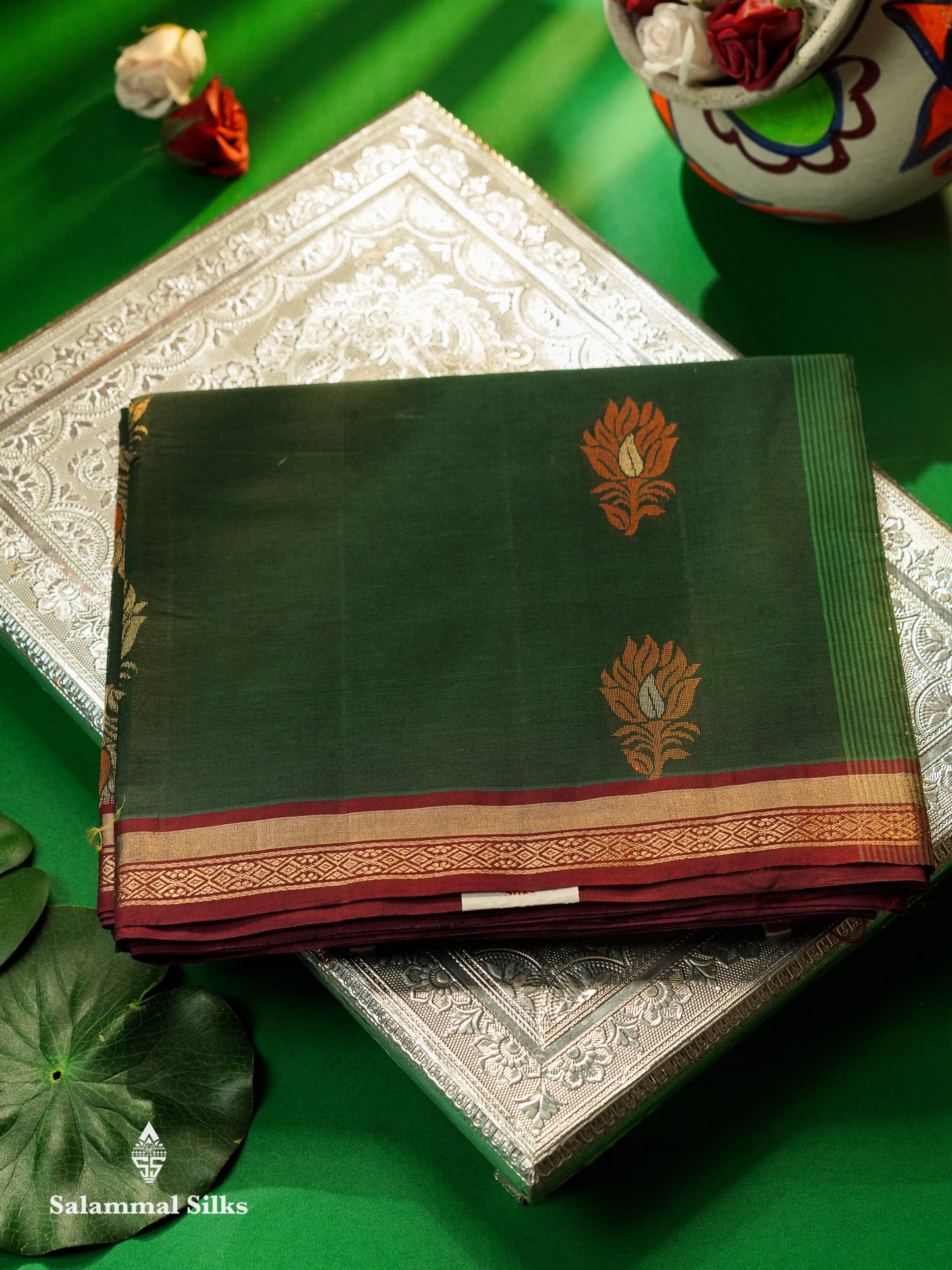 Beautiful Bottle Green Thread Buttas Handloom Pure Cotton Saree With Maroon Traditional Border