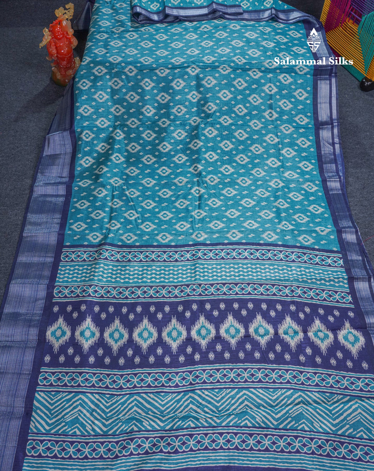 Beautiful Ramar Blue Mixed Cotton Saree With Contrast Reddish Maroon Tissue Border