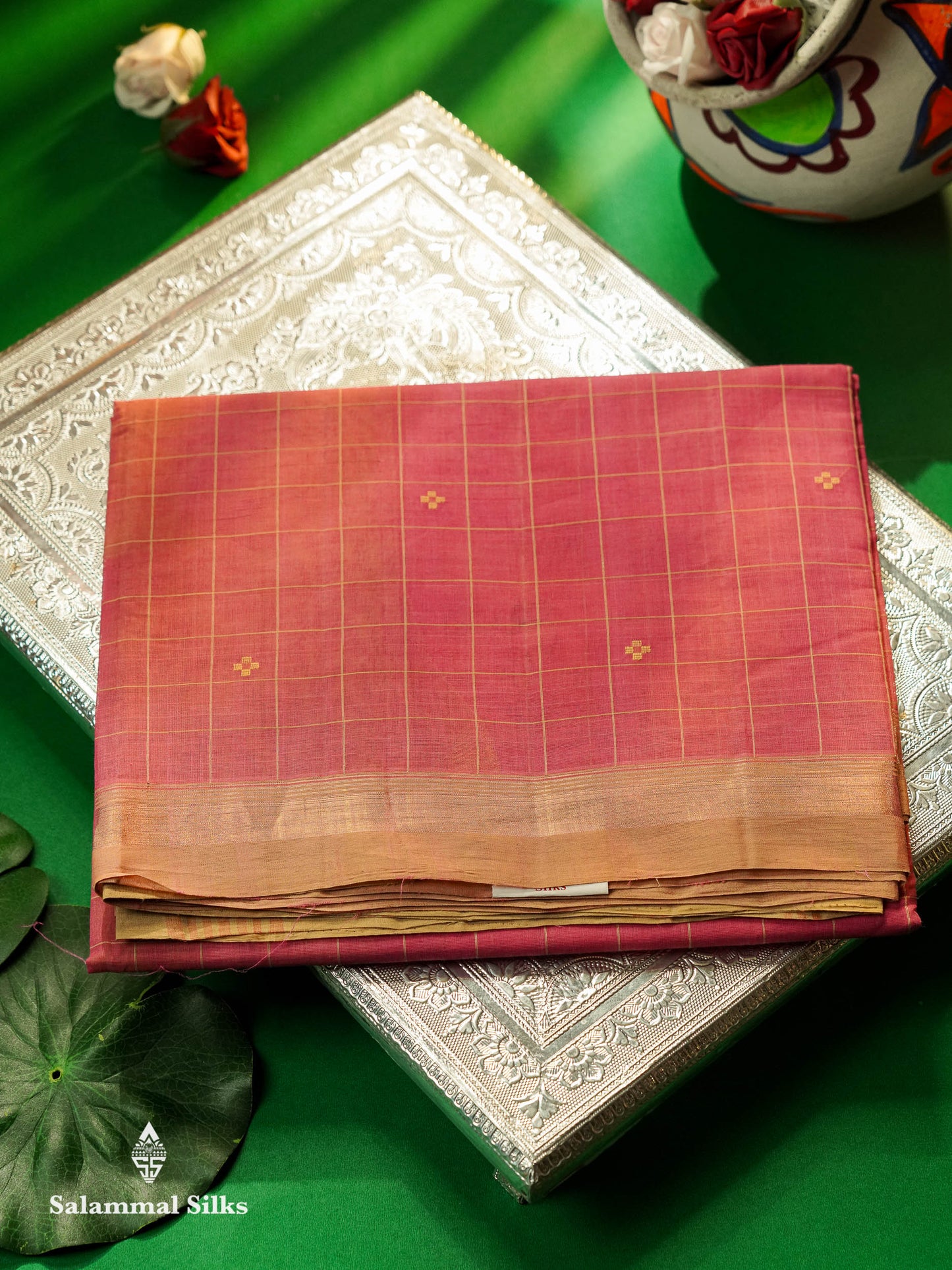 Beautiful Pink Thread Checks And Buttas Handloom Pure Cotton Saree With Beige Border
