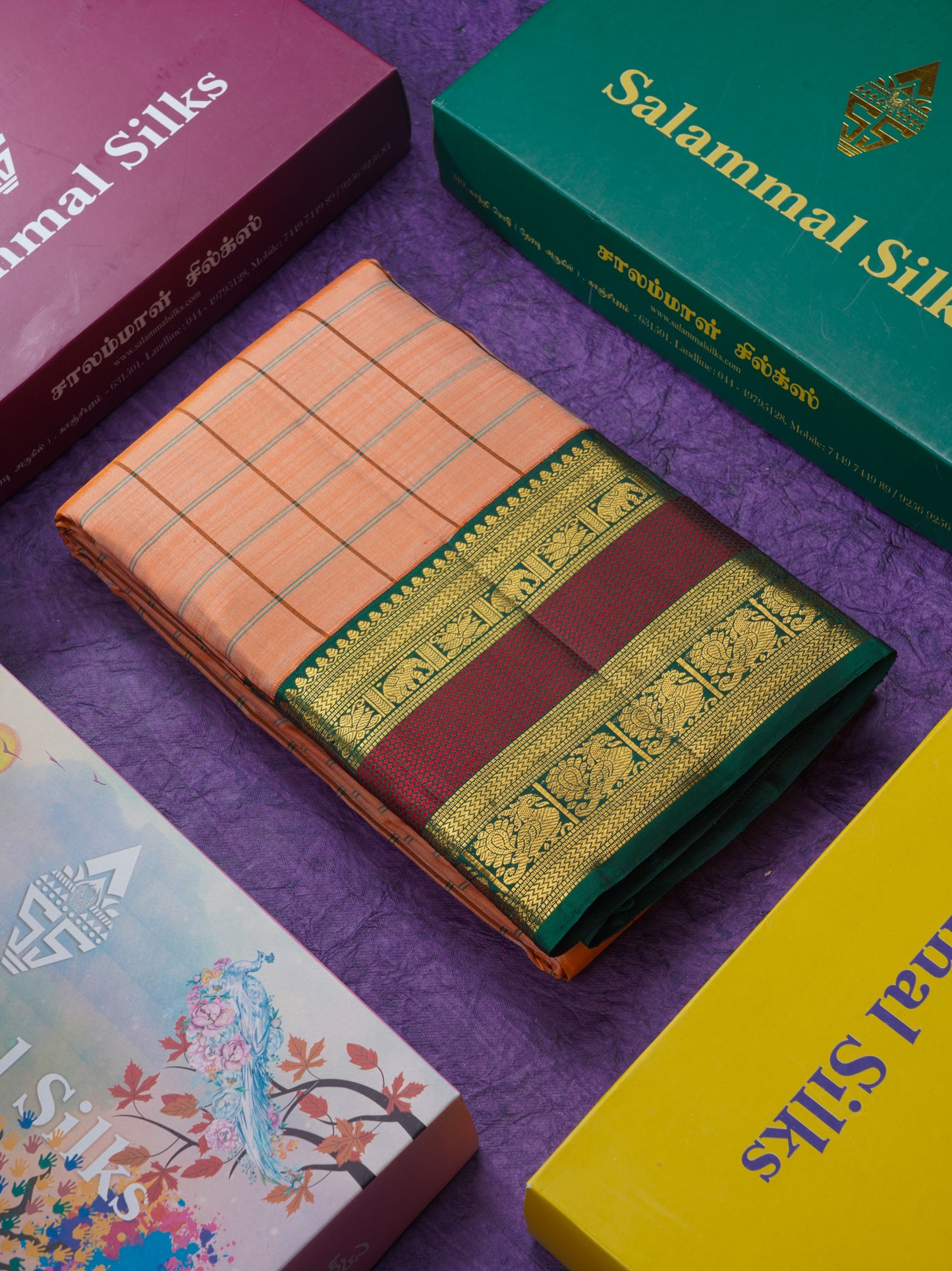 Peach Colour Checks Pure Kanjivaram Silk Saree With Traditional Double Border