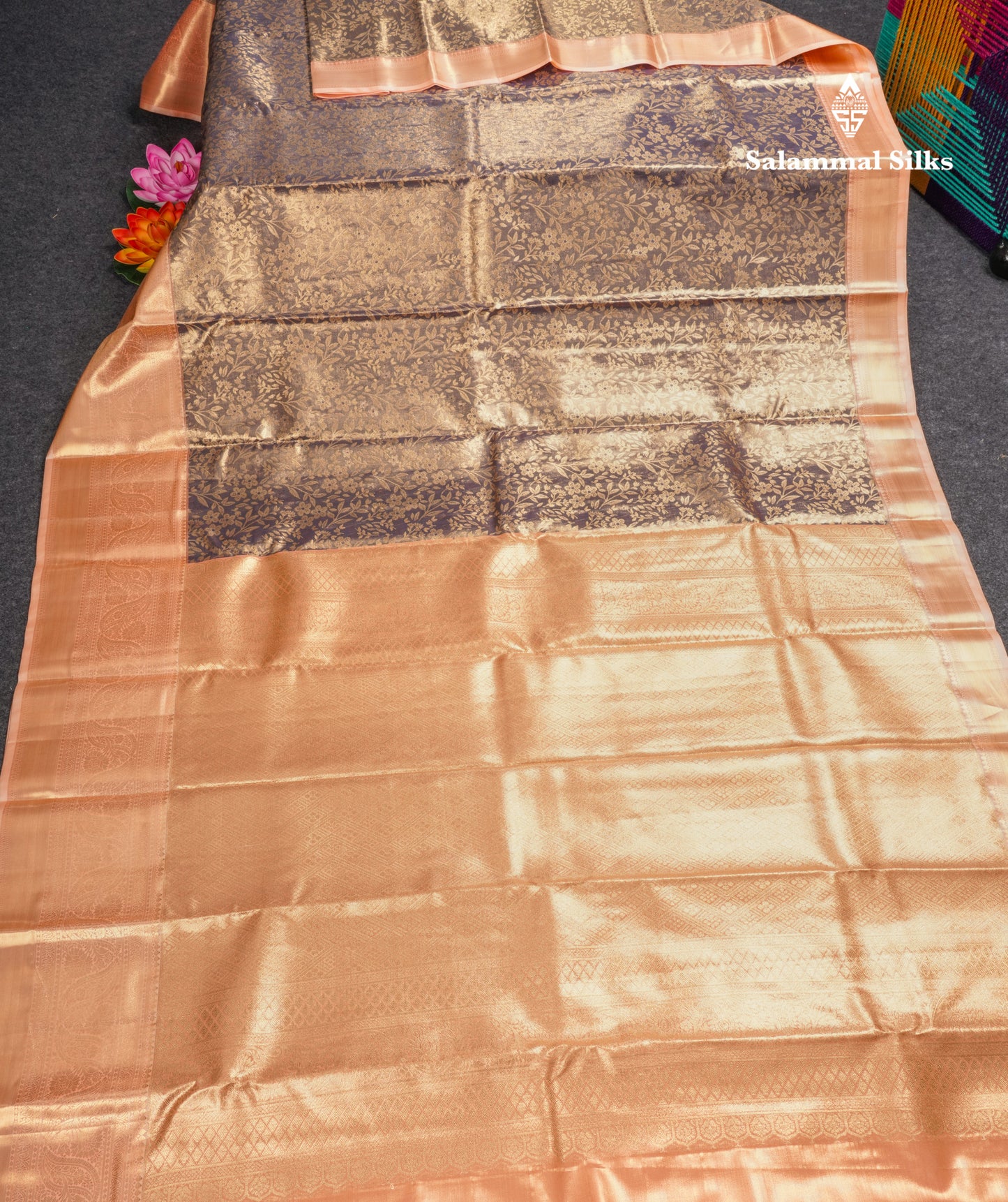 Blue Shade Bridal Tissue Semi Silk Saree With Contrast Peach Border