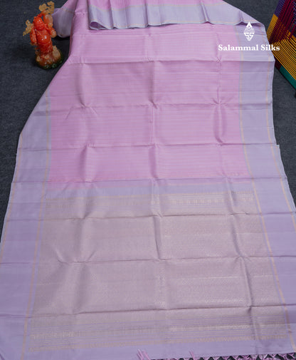 Beautiful Light Pink Pure Kanjivaram Silk Saree With Contrast Light Lavender Traditional Gap Border