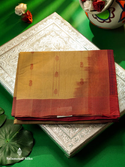 Beautiful Beige Thread Buttas Handloom Pure Cotton Saree With Maroon Border