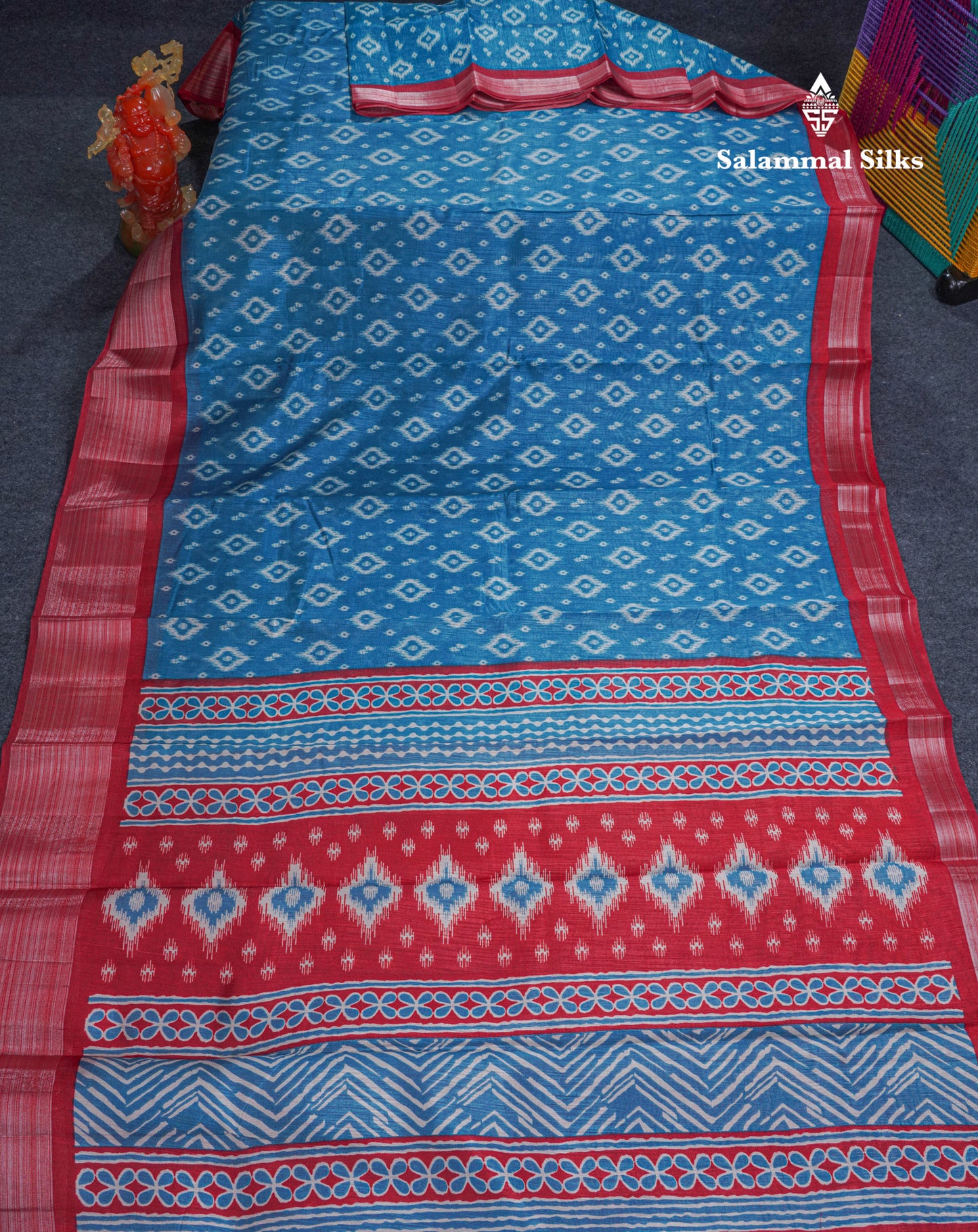 Beautiful Ramar Blue Mixed Cotton Saree With Contrast Reddish Maroon Tissue Border