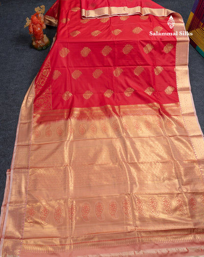 Beautiful Dual Tone Redish Pink Semi Silk Saree With Contrast Peach Border
