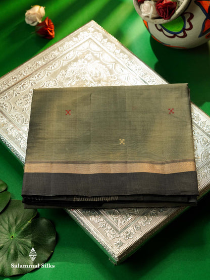 Beautiful Grey Thread Work Butta Handloom Pure Cotton Saree With Contrast Black Blouse