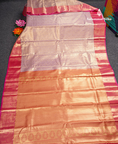 Lavender Bridal Tissue Semi Silk Saree With Contrast Pink Border