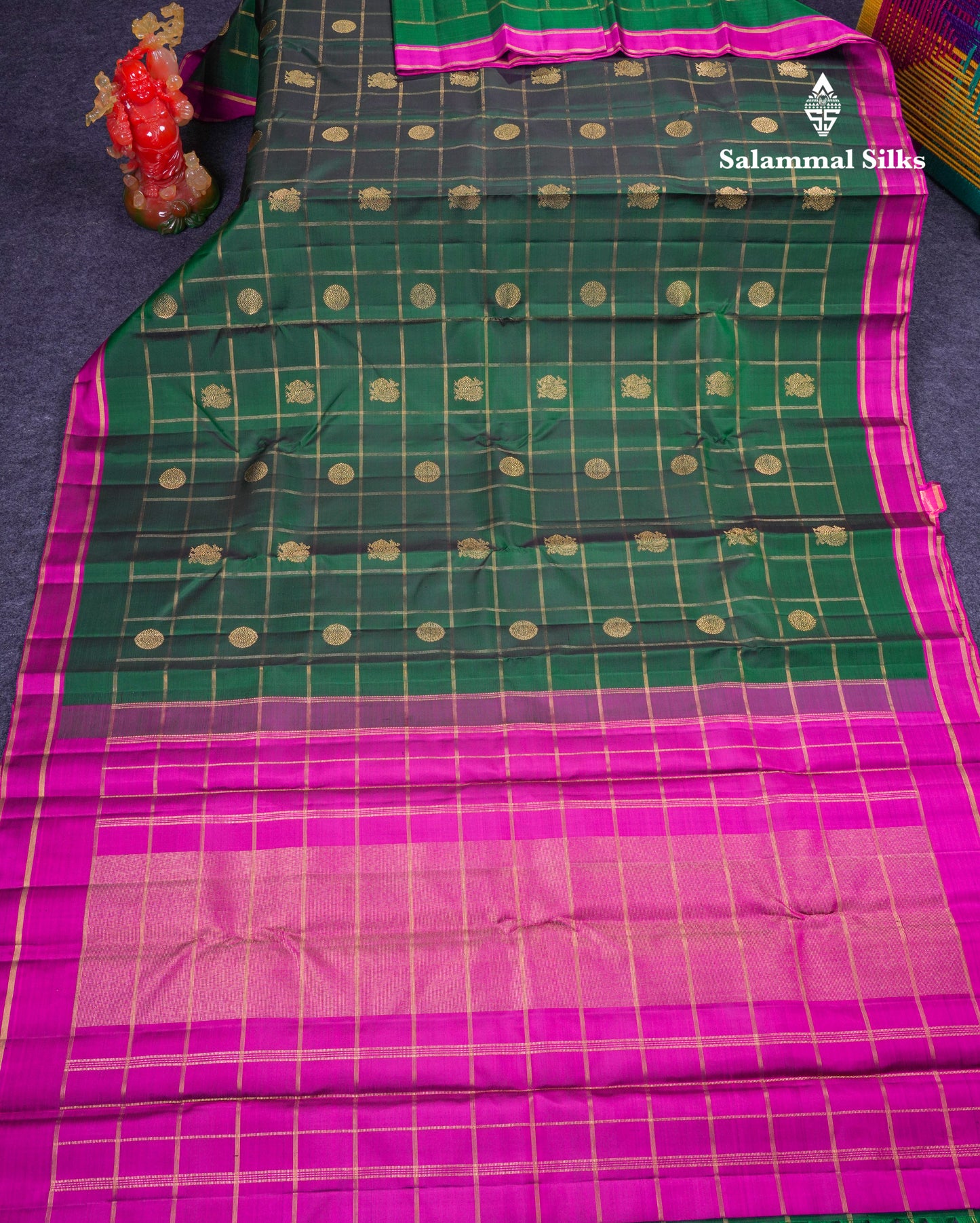 Beautiful Bottle Green Zari Checks With Traditional Buttas Pure Kanjivaram Silk Saree Pure Zari with Contrast Magenta Pink Small Rettapet Border