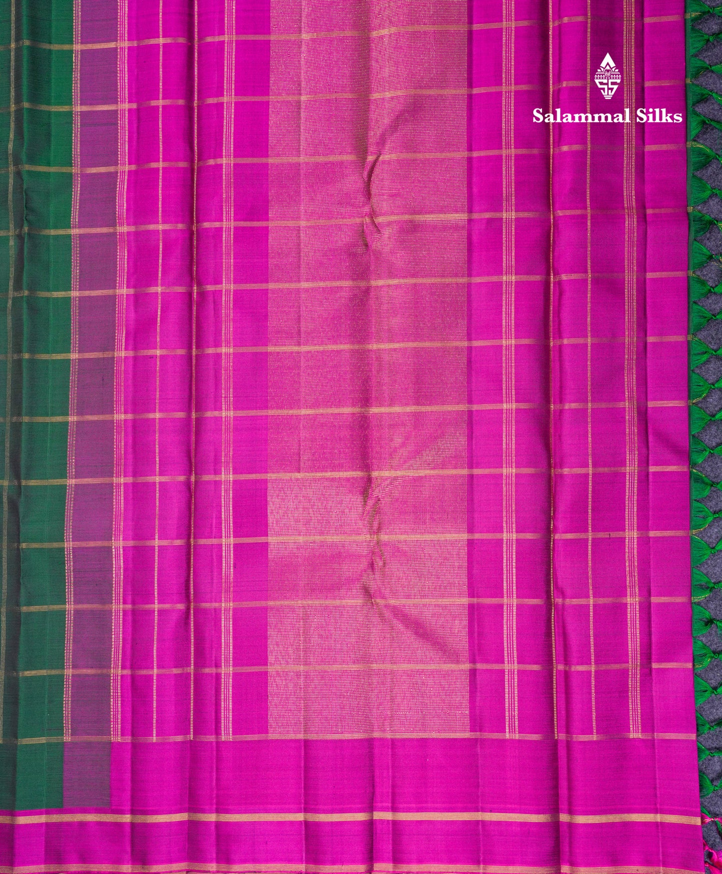 Beautiful Bottle Green Zari Checks With Traditional Buttas Pure Kanjivaram Silk Saree Pure Zari with Contrast Magenta Pink Small Rettapet Border