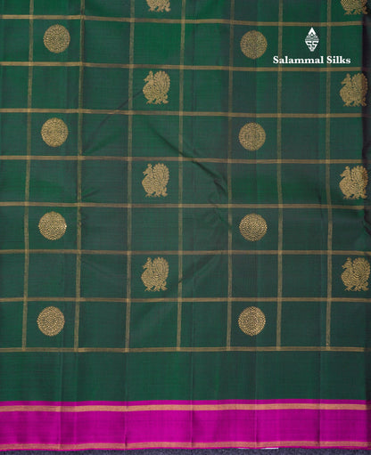 Beautiful Bottle Green Zari Checks With Traditional Buttas Pure Kanjivaram Silk Saree Pure Zari with Contrast Magenta Pink Small Rettapet Border