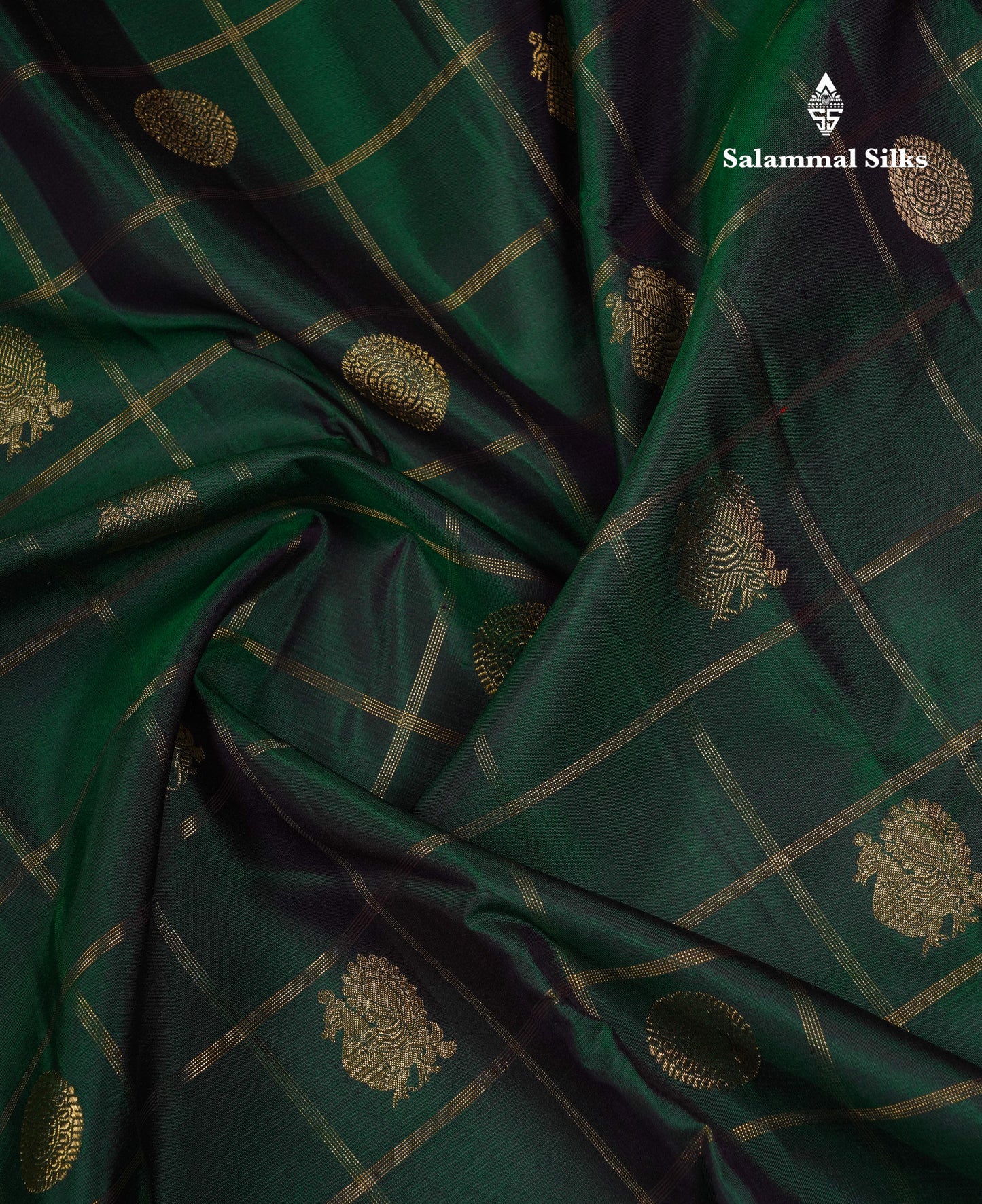 Beautiful Bottle Green Zari Checks With Traditional Buttas Pure Kanjivaram Silk Saree Pure Zari with Contrast Magenta Pink Small Rettapet Border