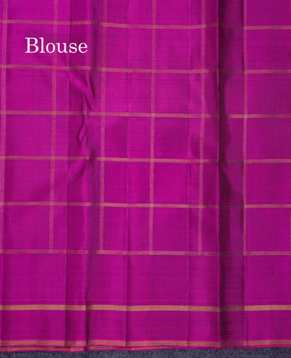 Beautiful Bottle Green Zari Checks With Traditional Buttas Pure Kanjivaram Silk Saree Pure Zari with Contrast Magenta Pink Small Rettapet Border