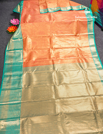 Orange Bridal Tissue Semi Silk Saree With Contrast Sapphire Green Border