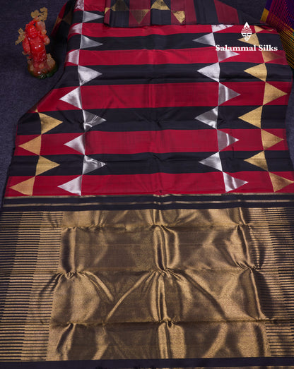 Beautiful Black And Maroon Stripes 8Kol Gold & Silver Butta Pure Zari Kanjivaram Silk Saree With Contrast Black Blouse