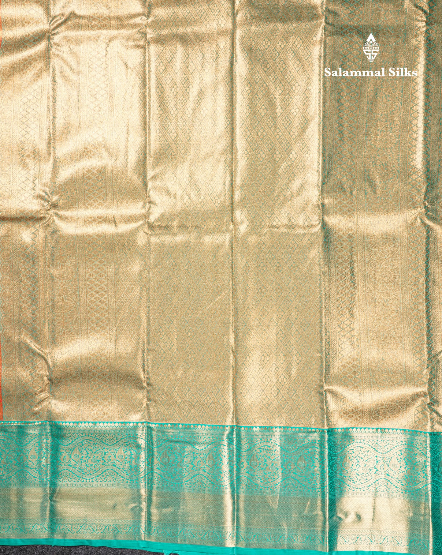 Orange Bridal Tissue Semi Silk Saree With Contrast Sapphire Green Border