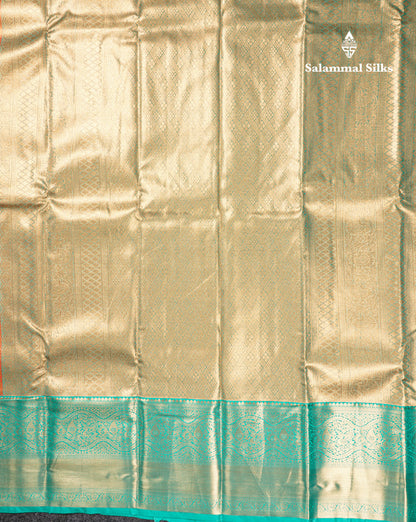 Orange Bridal Tissue Semi Silk Saree With Contrast Sapphire Green Border