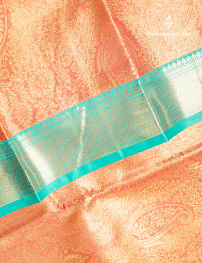 Orange Bridal Tissue Semi Silk Saree With Contrast Sapphire Green Border