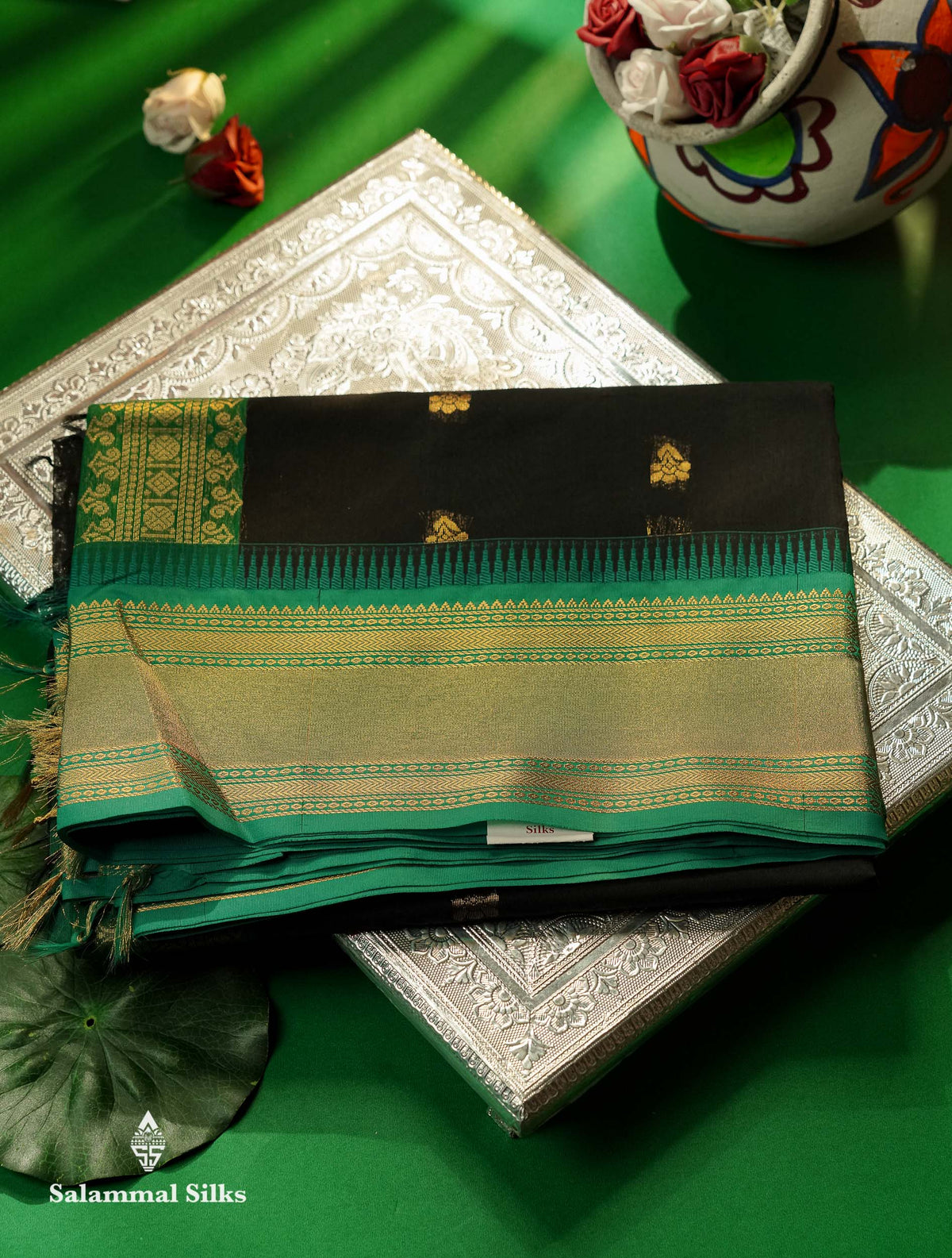 Beautiful Black Zari Butta Semi Silk Cotton Saree With Contrast Sapphire Green Traditional Border